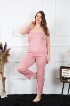 Moda Çizgi Kadın Büyük Beden Pudra İp Askılı Pijama Takım 202195