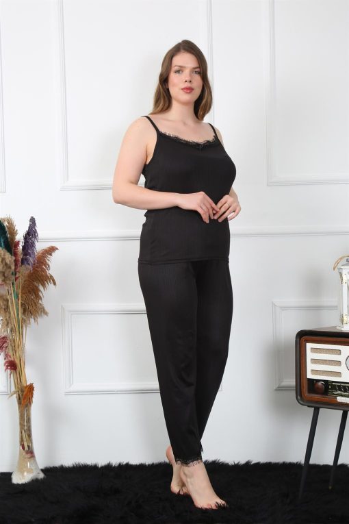Moda Çizgi Kadın Büyük Beden Siyah İp Askılı Pijama Takım 202195