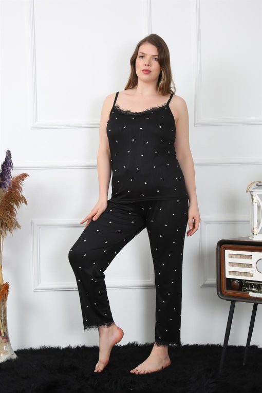 Moda Çizgi Kadın Büyük Beden Siyah İp Askılı Pijama Takım 202196