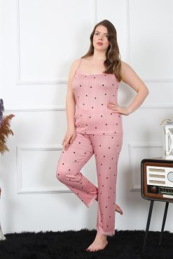 Moda Çizgi Kadın Büyük Beden Somon İp Askılı Pijama Takım 202196