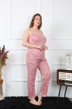 Moda Çizgi Kadın Büyük Beden Somon İp Askılı Pijama Takım 202198