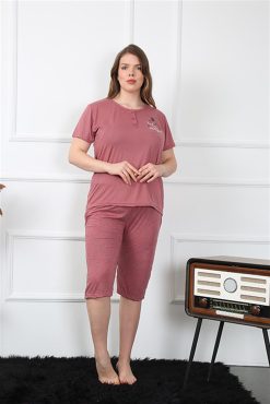Moda Çizgi Kadın Büyük Beden Viscon  Kapri Pijama Takım 202201