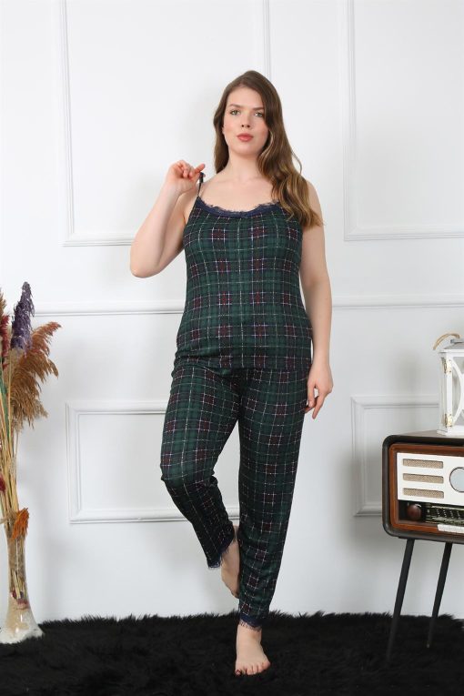 Moda Çizgi Kadın Büyük Beden Yeşil Ekoseli İp Askılı Pijama Takım 202197