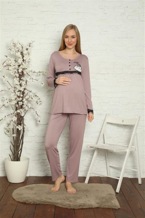 Moda Çizgi Kadın Hamile Lohusa Gül Kurusu Pijama Takımı 45201