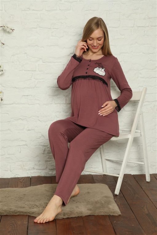 Moda Çizgi Kadın Hamile Lohusa Mürdüm  Pijama Takımı 45201