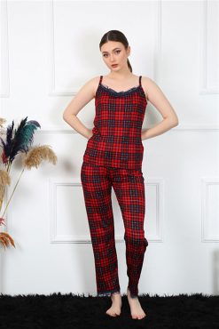 Moda Çizgi Kadın İp Askılı Kırmızı Ekoseli Pijama Takım 4135