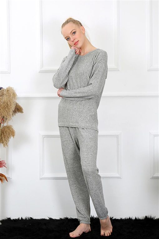 Moda Çizgi Kadın Kalın Uzun Kol Penye Gri Pijama Takım 4131