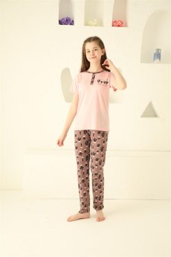 Moda Çizgi Kız Çocuk Pamuk Kısa Kollu Pijama Takımı 20365