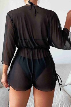 Angelsin Şifon Pareo Plaj Elbisesi Cover Up Kimono Siyah - Görsel 3