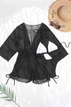 Angelsin Şifon Pareo Plaj Elbisesi Cover Up Kimono Siyah - Görsel 4