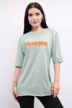 Moda Çizgi Bisiklet Yaka Oversize Tshirt Mint