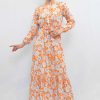 Moda Çizgi Çiçek Desenli  Pileli Elbise Turuncu