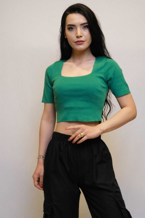 Moda Çizgi Kare Yaka Triko Crop Yeşil