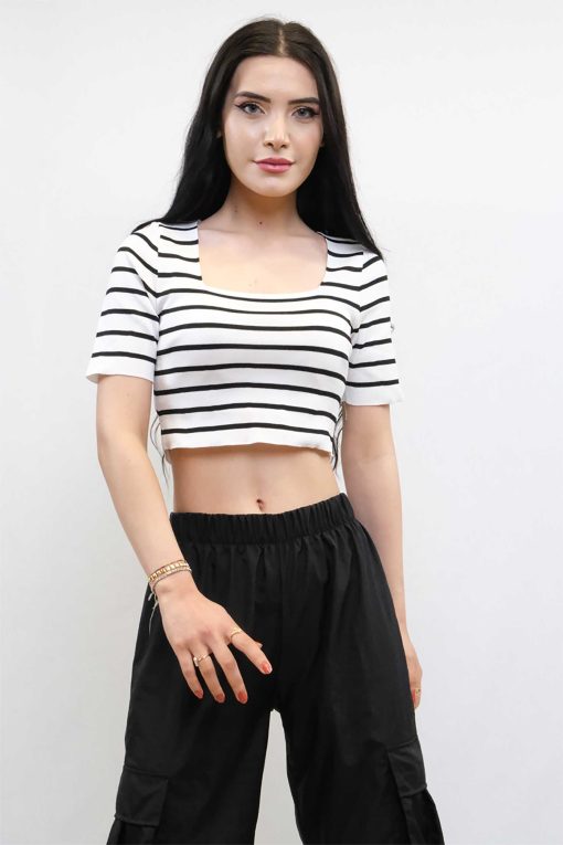 Moda Çizgi Triko Crop Çizgili  Beyaz