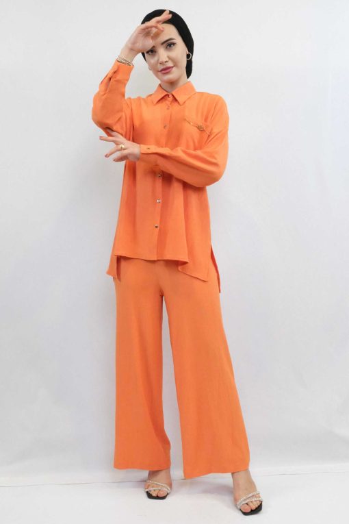 Moda Çizgi Zincir Aksesuarlı İkili Takım Turuncu